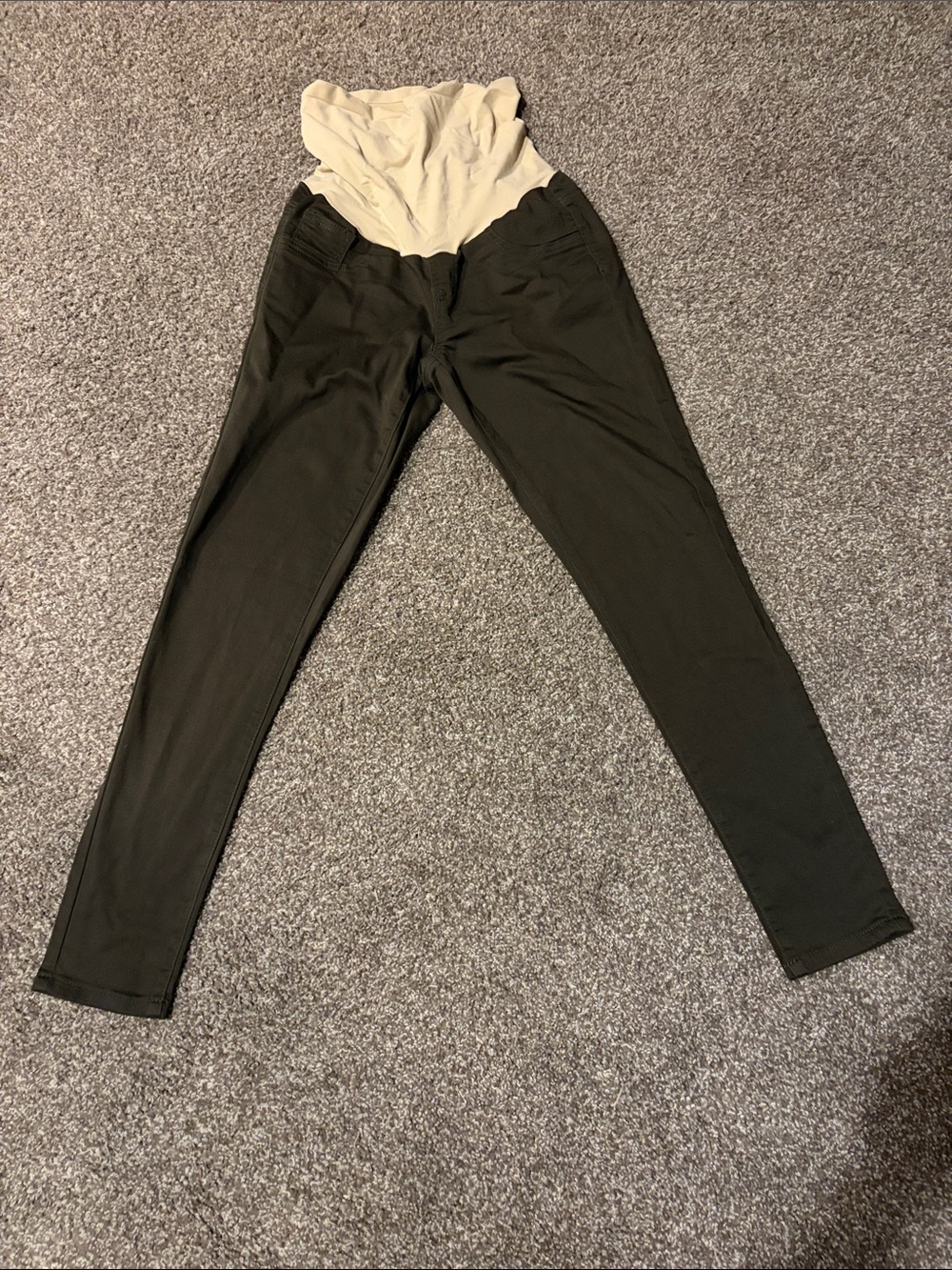 Indigo Blue Maternity Leggings olive green with Cream Waist Panel